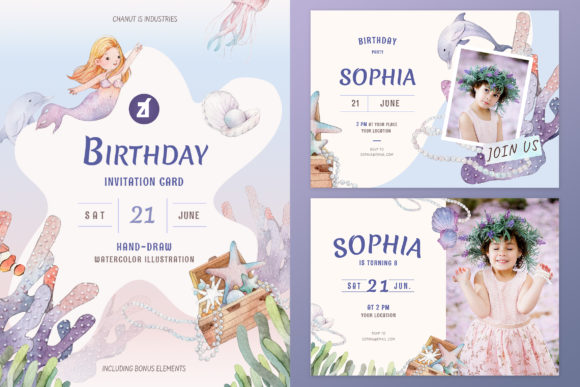 Mermaid Theme Birthday Invitation Card and Print Templates