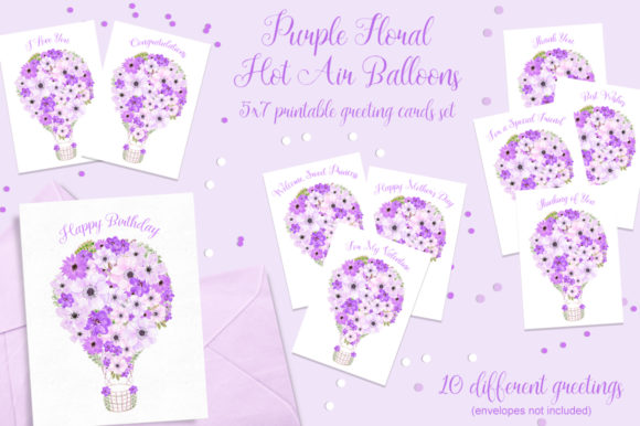 Purple Floral Hot Air Balloons Cards Set for Crafts