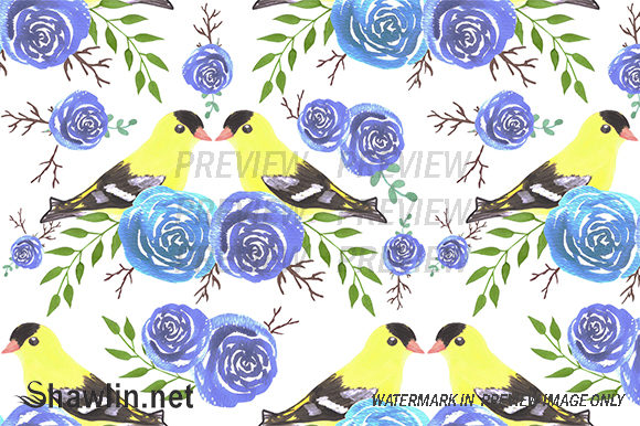 Seamless Flowers Yellow Birds Patterns