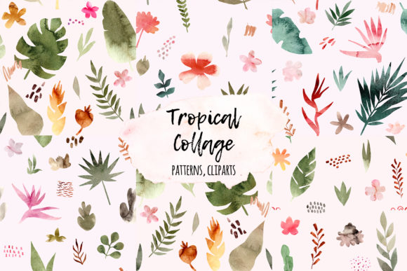 Tropical Collage. Patterns and Cliparts
