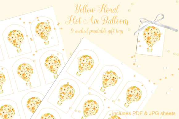 Yellow Floral Hot Air Balloons Tags Set for Crafts